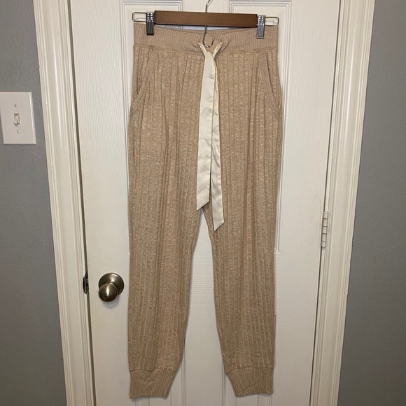 Abercrombie & Fitch Pants - Abercrombie & Fitch Lounge Pants Small Ribbed Knit Joggers Tan Brown Satin Tie